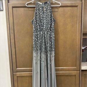 Adrianna Papell Silver Beaded Maxi Gown